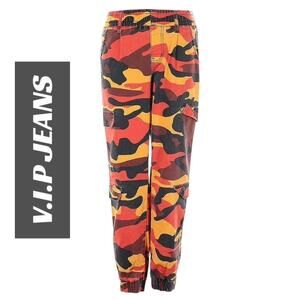 V.I.P. Bold Red Yellow Camouflage Elastic Waist High Rise Cargo Pants Sz 1/25